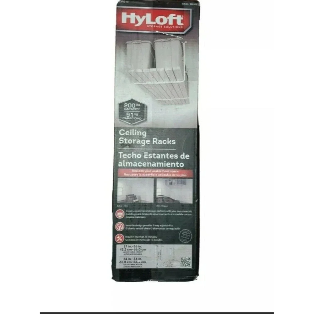 HyLoft Adjustable Rack Ceiling Kit White Steel Overhead Garage Storage 2 Bracket